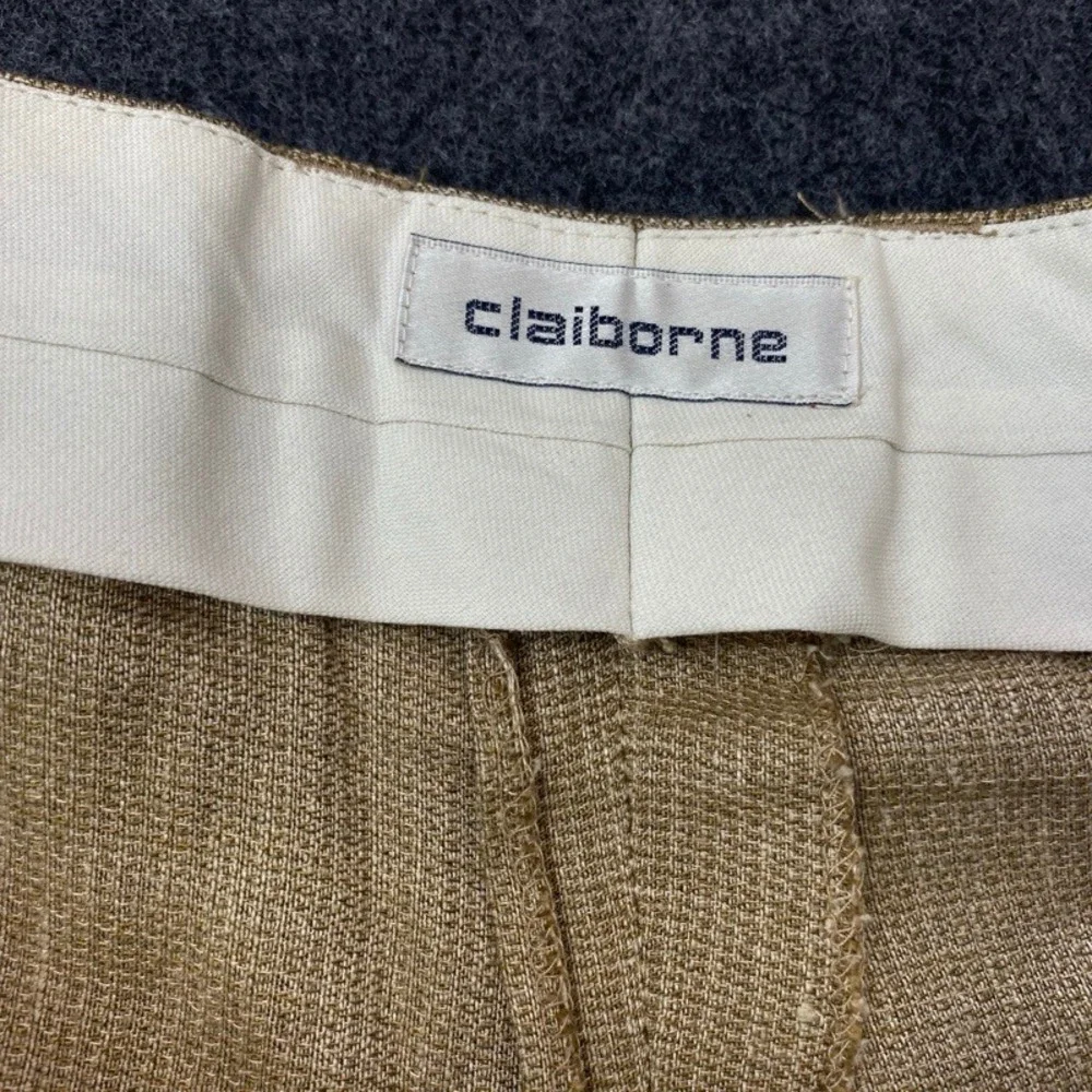 Claiborne Dress Pants Men 38R Tan Linen Blend Double Pleated Cuffed Trousers